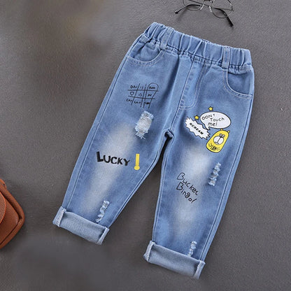 Cotton Print Splice Stretch Denim Pants for Boys