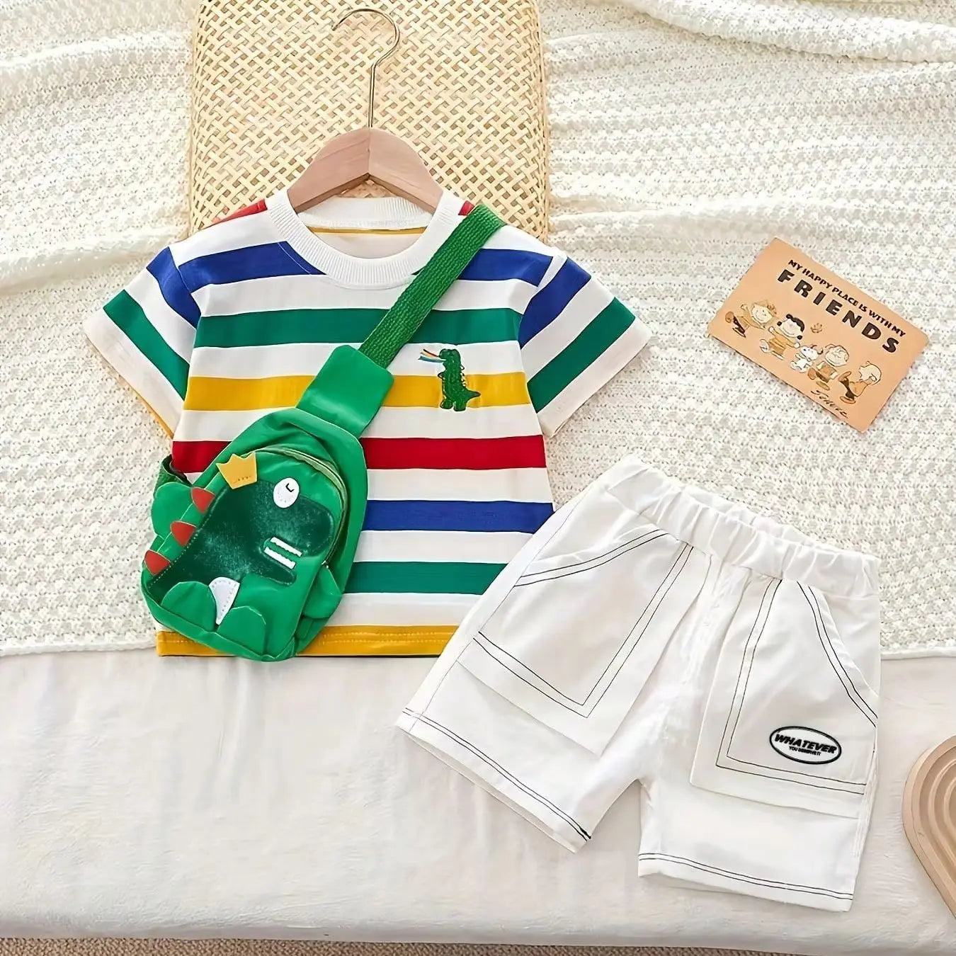 Dinosaur Striped Shirt And Shorts Set