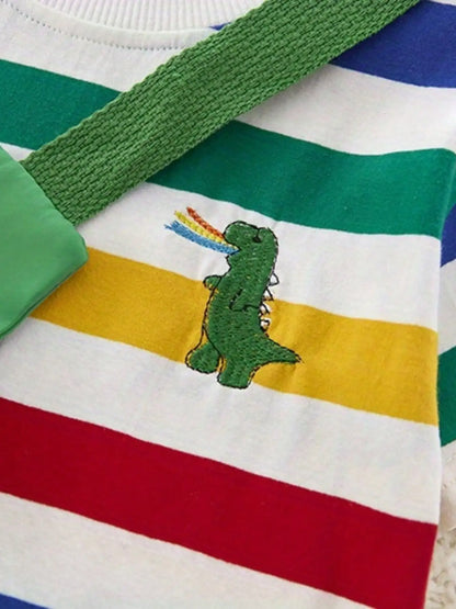 Dinosaur Striped Shirt And Shorts Set