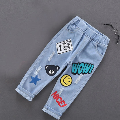Cotton Print Splice Stretch Denim Pants for Boys