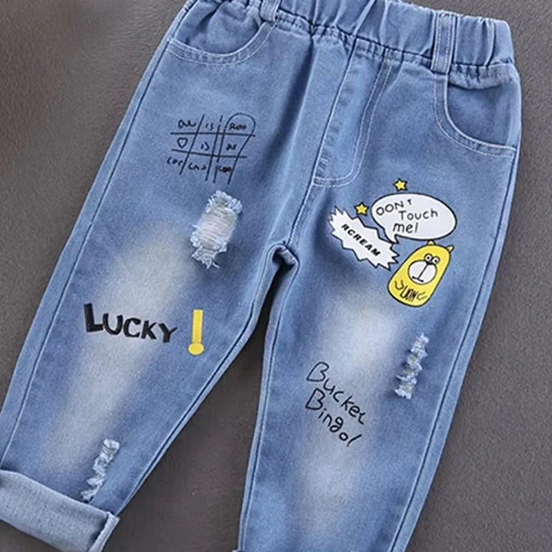 Cotton Print Splice Stretch Denim Pants for Boys