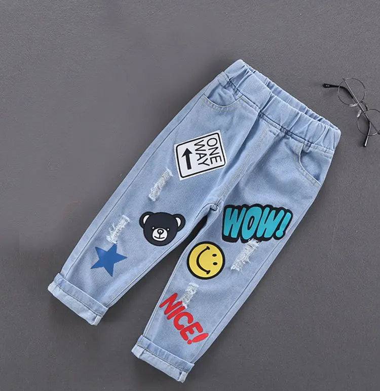 Cotton Print Splice Stretch Denim Pants for Boys