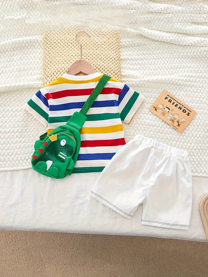 Dinosaur Striped Shirt And Shorts Set
