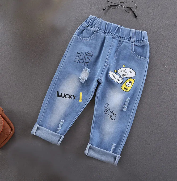 Cotton Print Splice Stretch Denim Pants for Boys